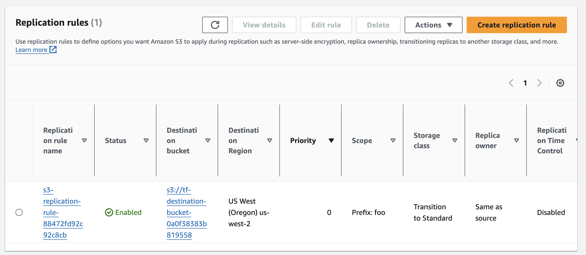 aws console s3 management for replication.